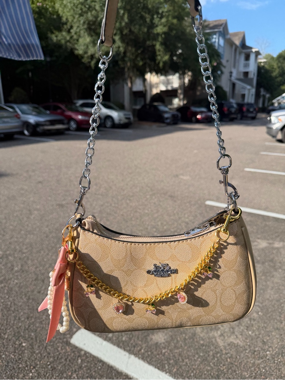 Coach Beige Signature Canvas Shoulder Bag with Gold Chain and Pink Charms